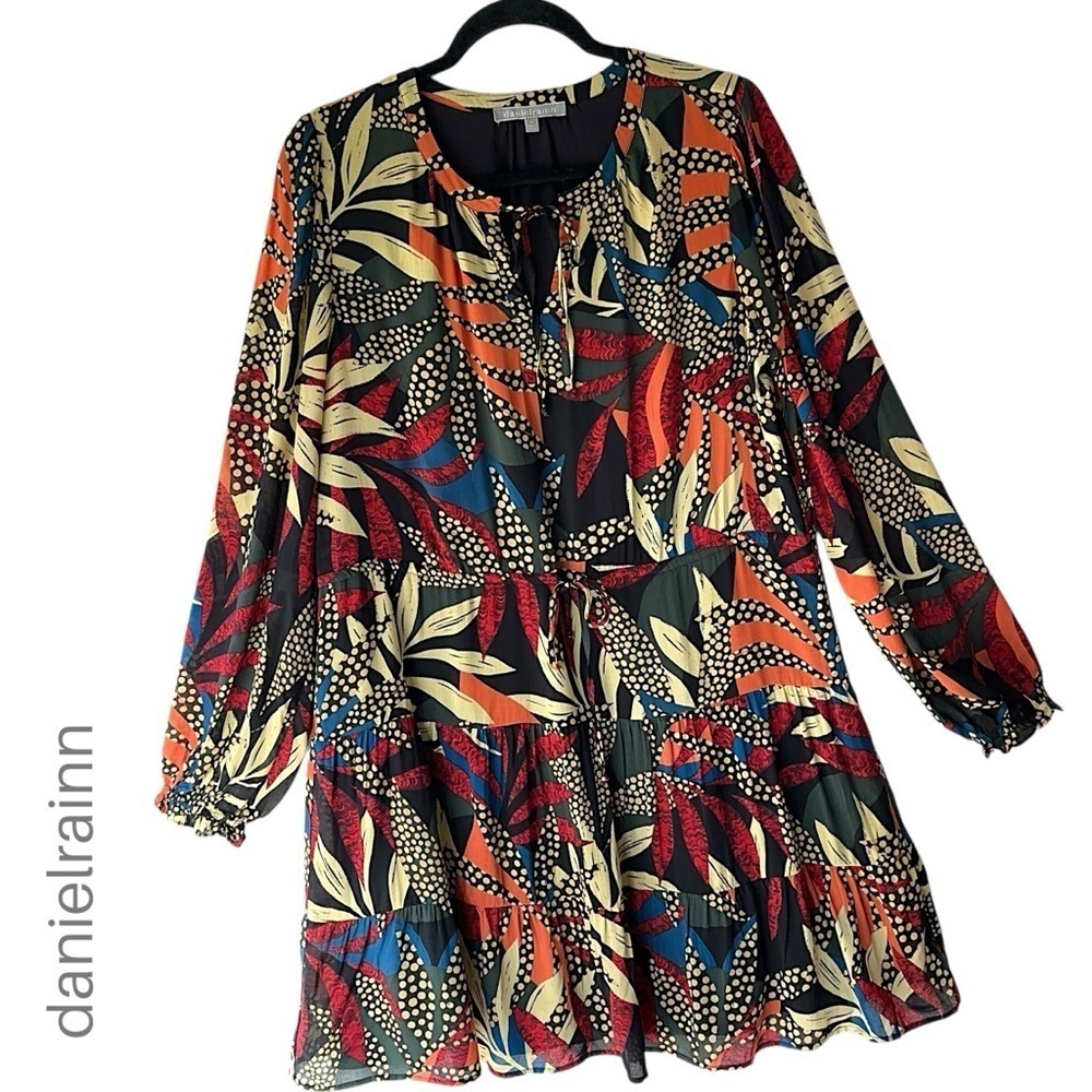 DANIELRAINN | NWOT | MULTI COLOR TROPICAL PRINT DRESS TIERED LONG SLEEVES | MED